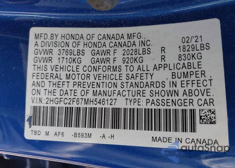 2021 Honda Civic Lx from USA, damaged, VIN 2HGFC2F67MH546127